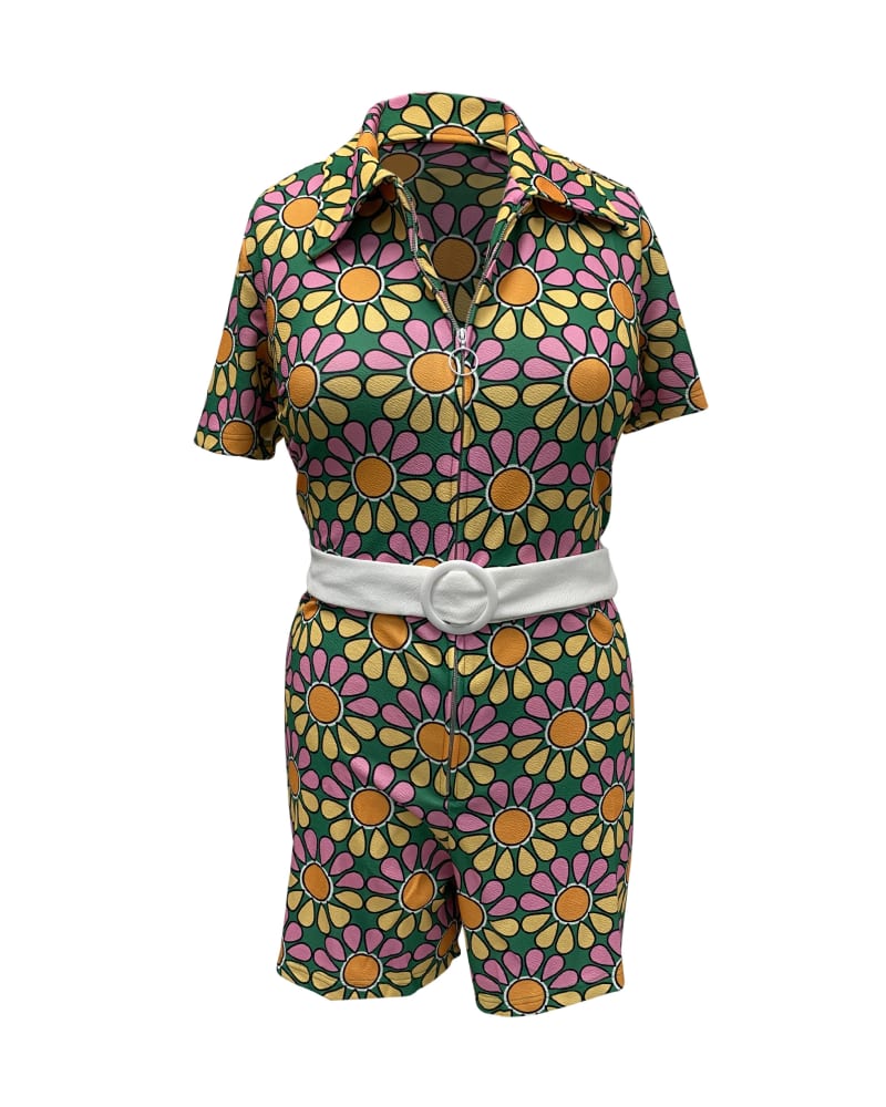 Front of a size 2X Smak Parlour Green & Pink Mod Daisy Belted Romper in Pink, Green, Floral by Smak Parlour. | dia_product_style_image_id:288713